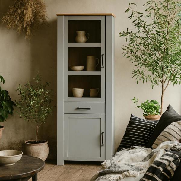 Wyld Haus Bramblecroft Grey and Natural Oak Wood Display Cabinet Door 1 Drawer Narrow