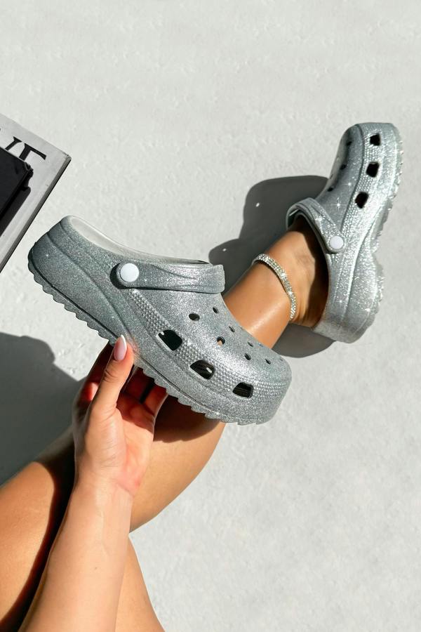 Love Lemonade Sparkly Glitter Splash Clog Sliders Silver