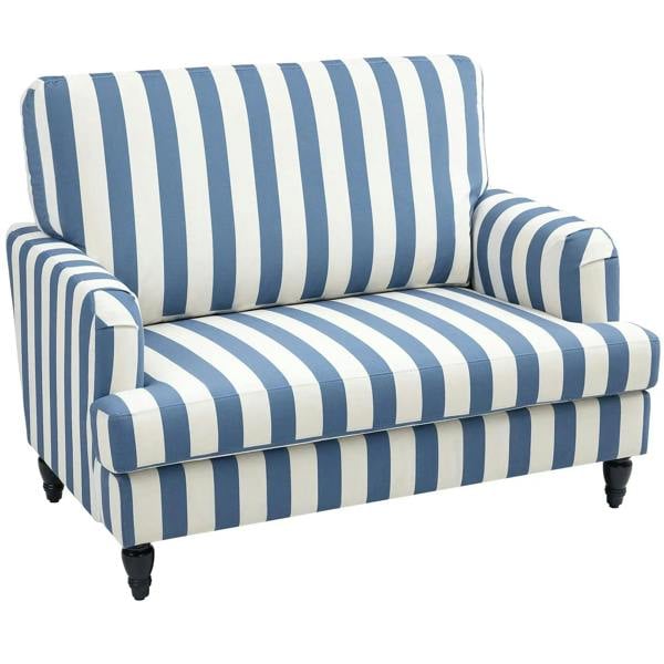 Blue-and-white striped velvet cuddle chair with arms, wide seat, turned legs