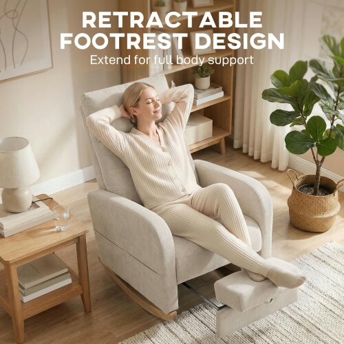HOMCOM Upholstered Rocking Chair with Retractable Footrest, High Back Cream White