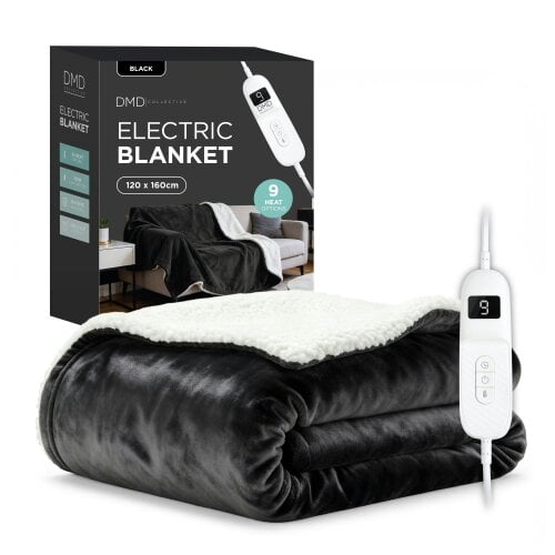 DMD Collective Heated Electric Blanket - Sherpa Fleece, Auto-Off, 9 Heat Levels - 120cm x 160cm - Black