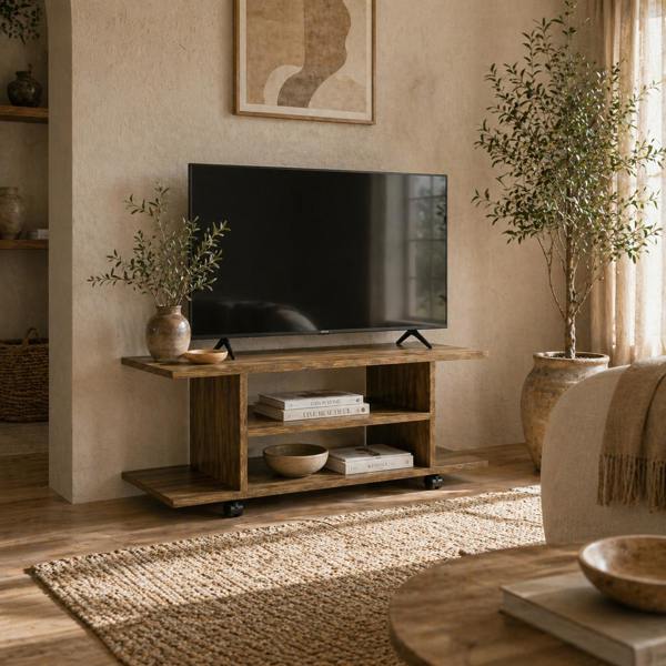 Wyld Haus Avavello 80cm Walnut Finish Mobile TV Storage Unit With Shelves And Bookcase Style