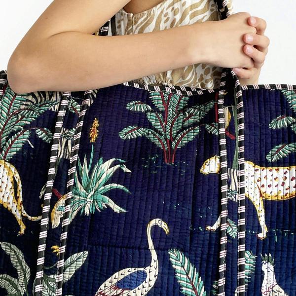 Hayley & Co Jungle Print Large Quilted Cotton Tote Shoulder Bag in Navy Blue