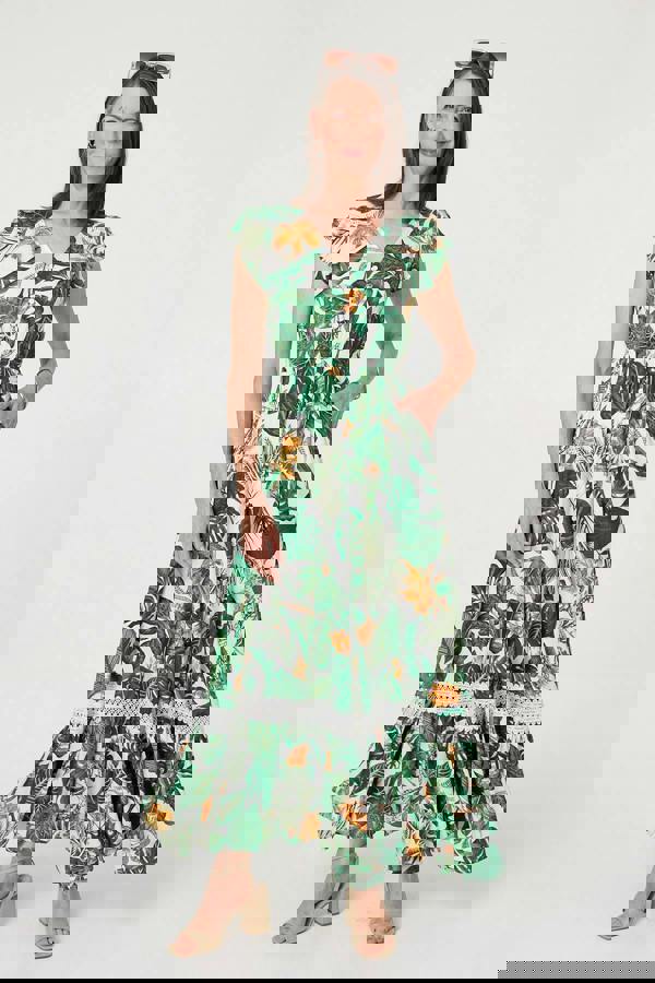 Green | Leaf Print Cap Sleeve Lace Maxi Dress