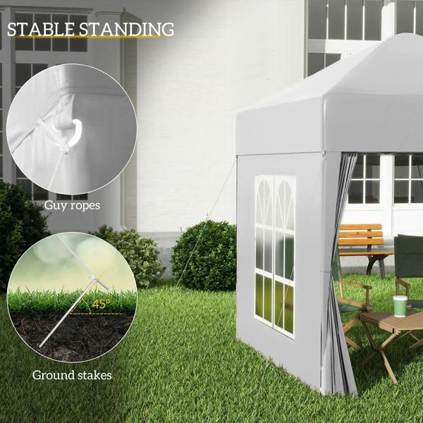 White pop-up gazebo tent with guy ropes and ground stakes for stability
