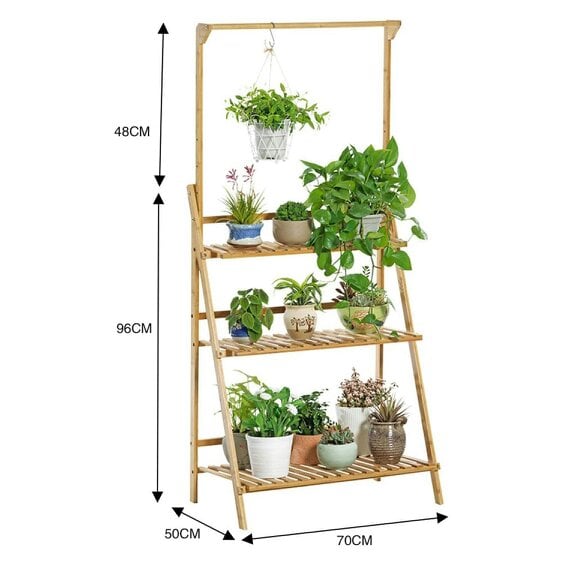 Neo 3‑Tier Foldable Bamboo Plant Stand with Hanging Hook