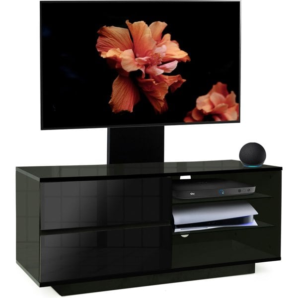 Centurion Supports Gallus Gloss Black with 2-Black Drawers and 2-Shelves 32"-55" LED/LCD/Plasma Cabinet TV Stand with Mounting Arm