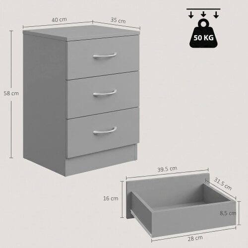 HOMCOM Modern 3 Drawers Side Table, Bedside Table with Non Slip feet, Grey