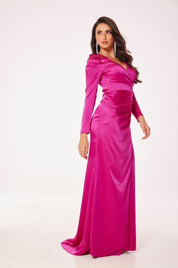 LuvForever Fuschia Long Sleeve Side Slit Maxi Dress
