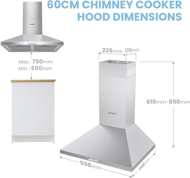 Class A+ 60cm Chimney Cooker Range Hood Kitchen Extractor with 3-Speed Modes Living and Home 