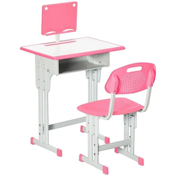 Kids pink adjustable desk and chair set with book stand and perforated chair back.