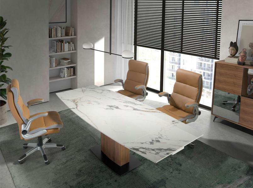 Angel Cerdá Oval Barrel porcelain marble and walnut extending dining table 1133