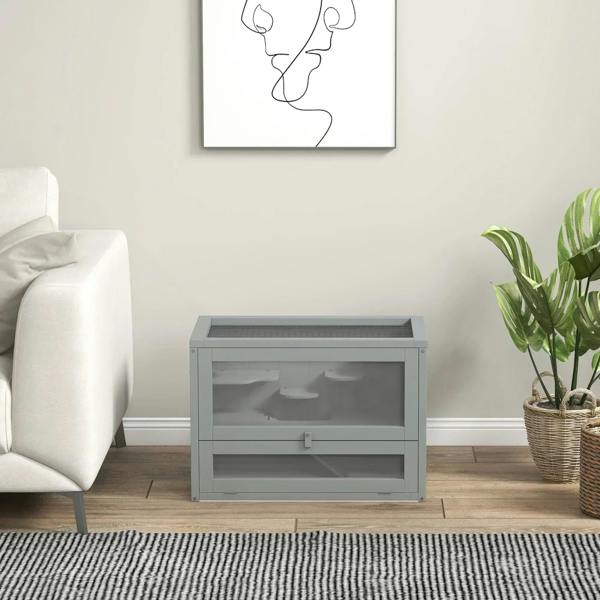 Grey wooden hamster cage hutch with mesh top and two-tier interior shelves in room