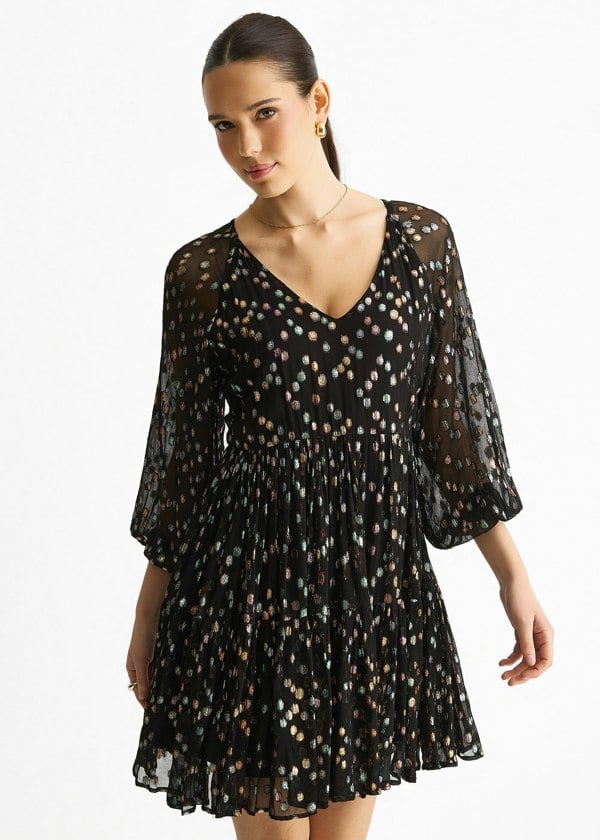 Gini London Black Multicolored Polka Dot Tiered Dress