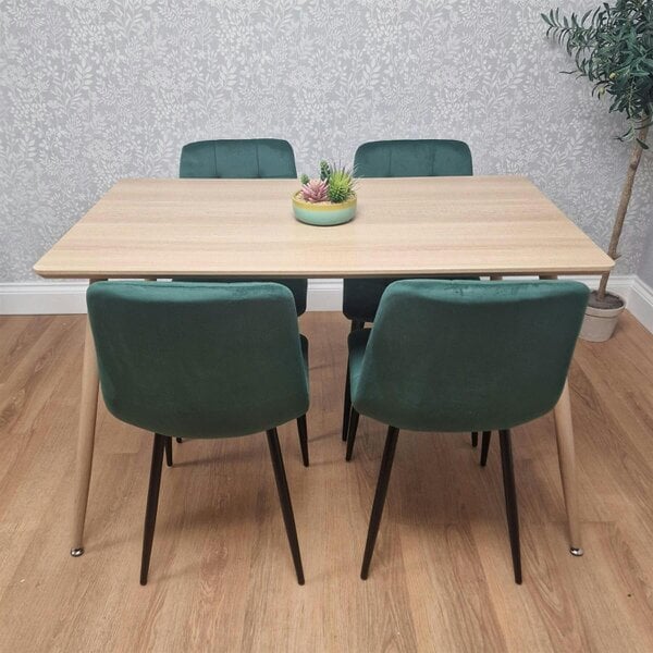 Kosy Koala Modern Wood Effect Dining Table Set With 4 Green Velvet Chairs Dining Room Furniture