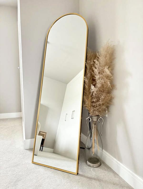 Stunning Gold Arched Metal Frame Wall or Floor Standing Dressing Mirror 145cm x 45cm - Soho Collection