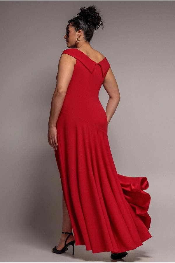 Goddiva Plus Scuba Crepe Off Shoulder Front Split Maxi Dress - Red by Goddiva Plus