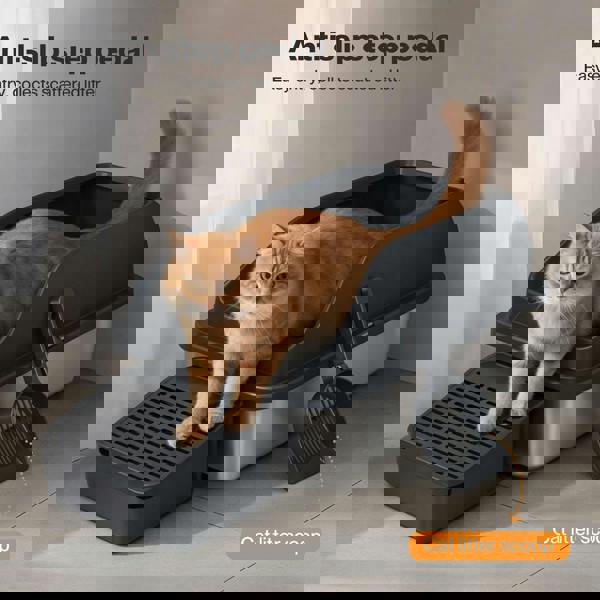 Skylos Stainless Steel Cat Litter Box Big Cats Kitten High Sided Easy Clean Grey