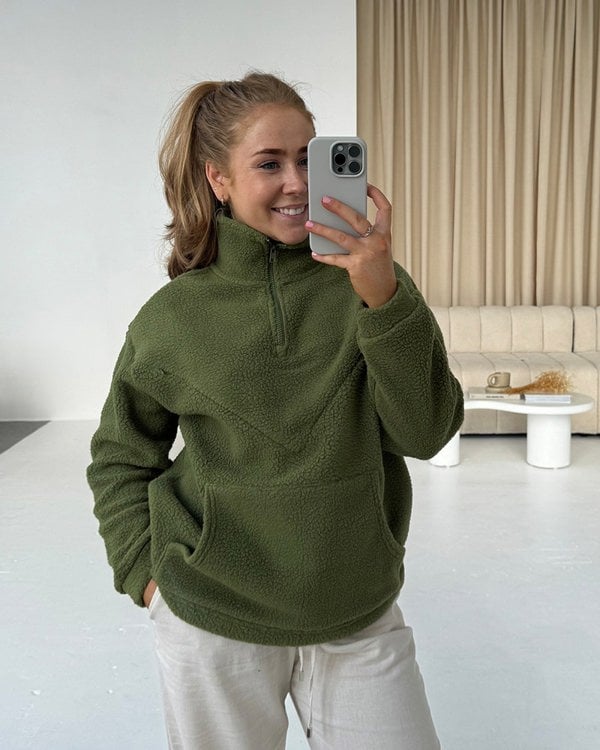 Pretty Mama Cosy Quarter Zip Oversized Breastfeeding Fleece with Pocket - Khaki