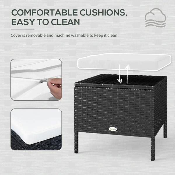 Black woven rattan coffee table with white cushion and removable, machine-washable cover