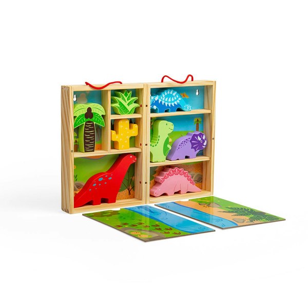 Bigjigs Toys Wooden Dinosaur Play Box With 5 Dinosaurs & 2 Fold-Out Play Mats