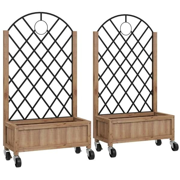 Brown wooden planter with black metal trellis, grid front, on caster wheels