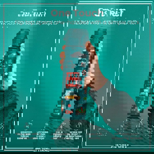 A teal water bottle, featuring a flip top and vehicle graphics, is being held. The bottle's flip top opens one-handed with a simple click; it offers triple lock security and is 100% leak-proof. The background is teal.