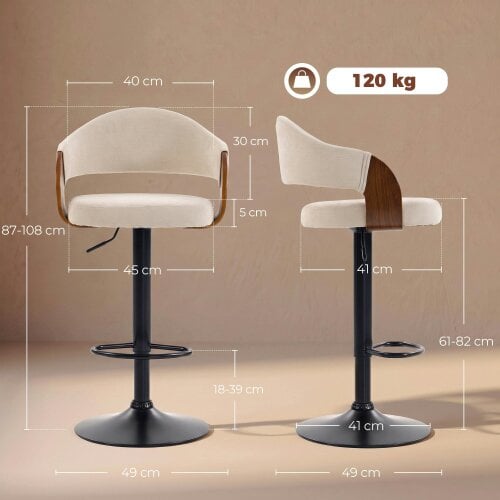 HOMCOM Bar Stools Set of 2 Height Adjustable Swivel Beige
