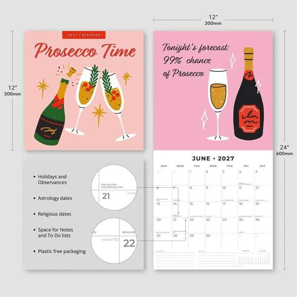Prosecco Time Calendar 2027, Wall Calendars, Month To View, Lifestyle, Gift