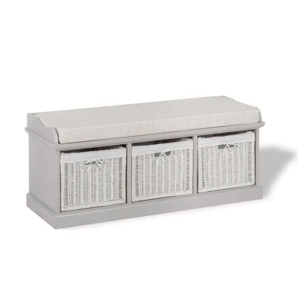 Statement Furniture Tetbury Bench with 3 White Wicker Baskets and Cushion, Assembled Hallway Storage