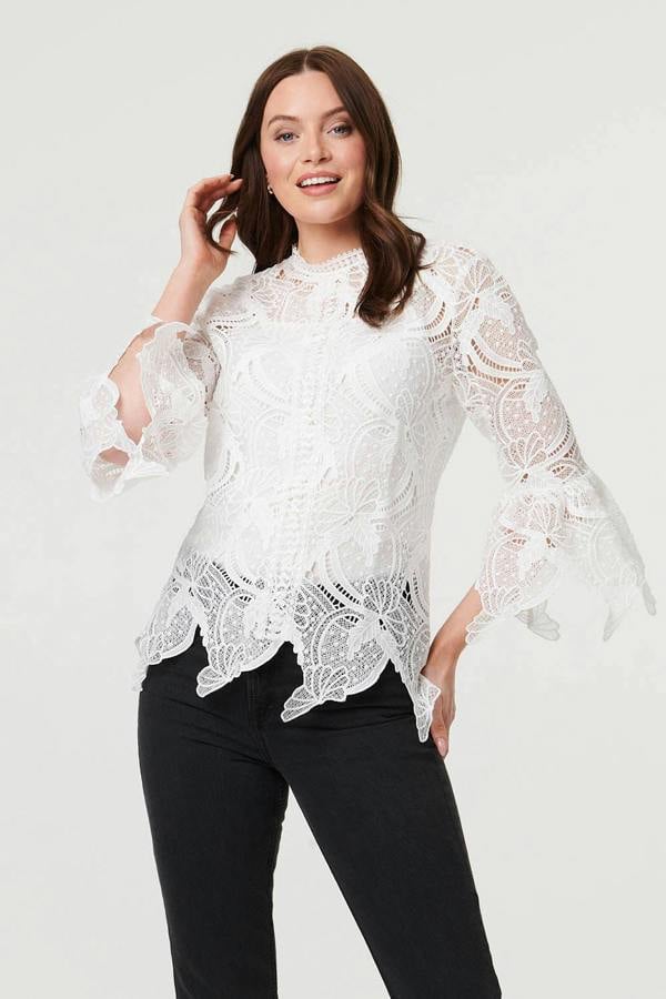 White | Semi Sheer Lace Layer Frilled Hem Blouse
