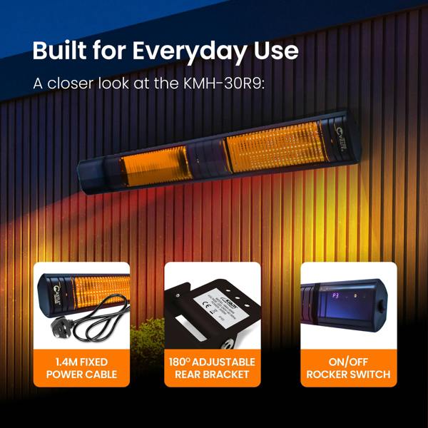 Castle Heaters 2500W Wi-Fi Infrared Patio Heater – Low Glare, Remote Control, IP65 | KMH-25R9