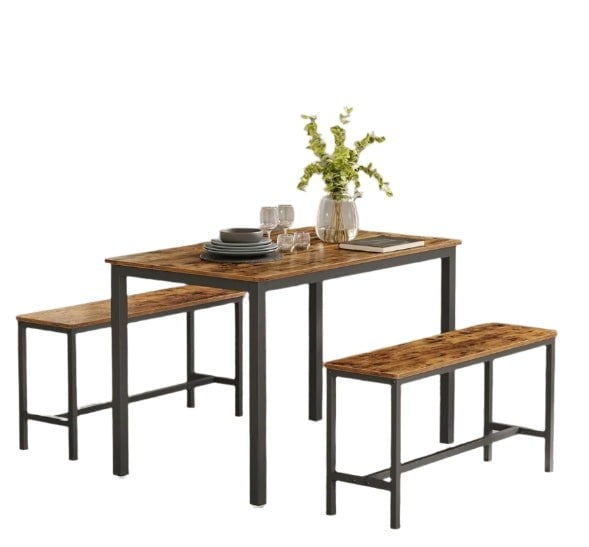 Modcraft 3-Piece Dining Table Set with 2 Benches – Industrial Style Space-Saving Design for 4 People