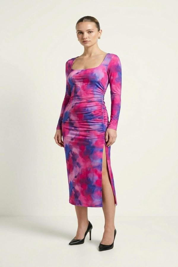 Hana Abstract Printed Long Sleeve Ruched Side Slit Midi Dress - Fuschia