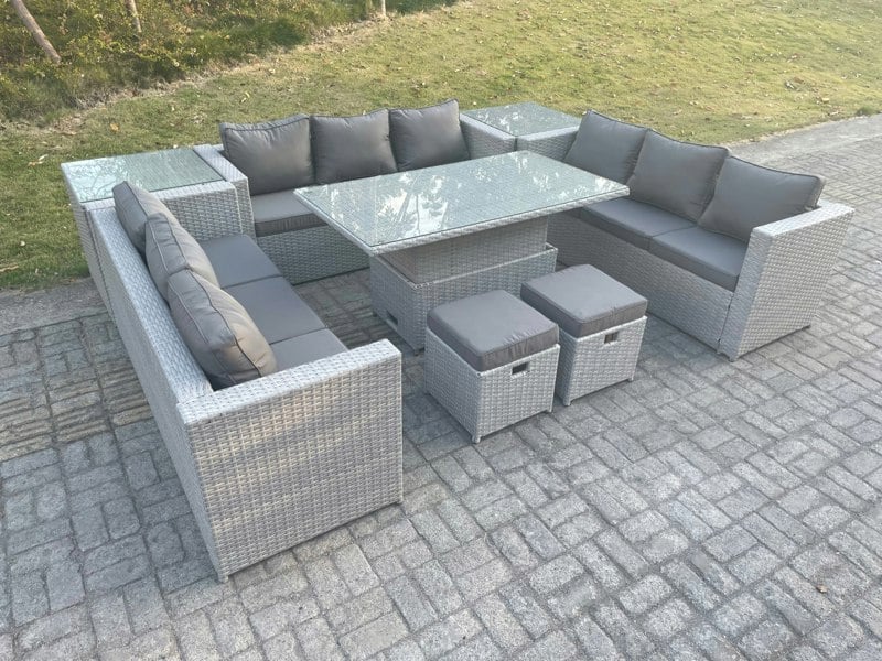 Fimous U-Shape 11 Seater Rattan Garden Sofa Dining Set with Adjustable Rising Table & Coffee Tables