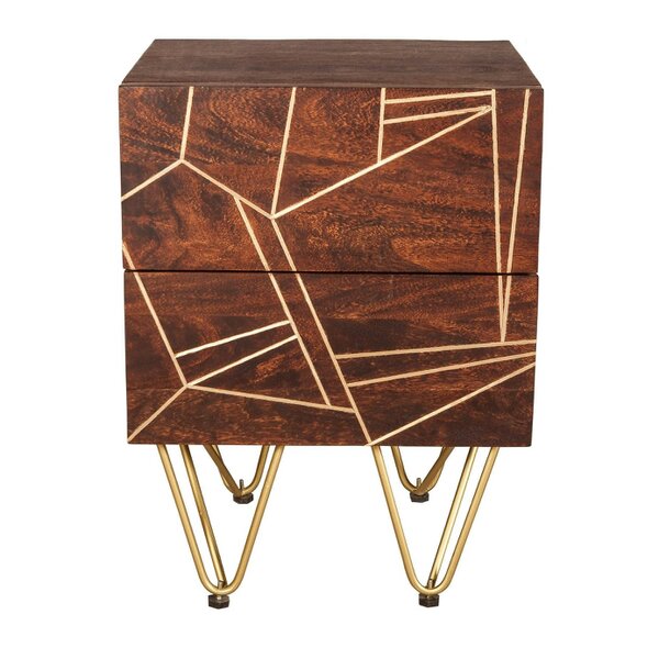 Wyld Haus Bandung Dark Mango Wood and Gold 2 Drawer Side Table