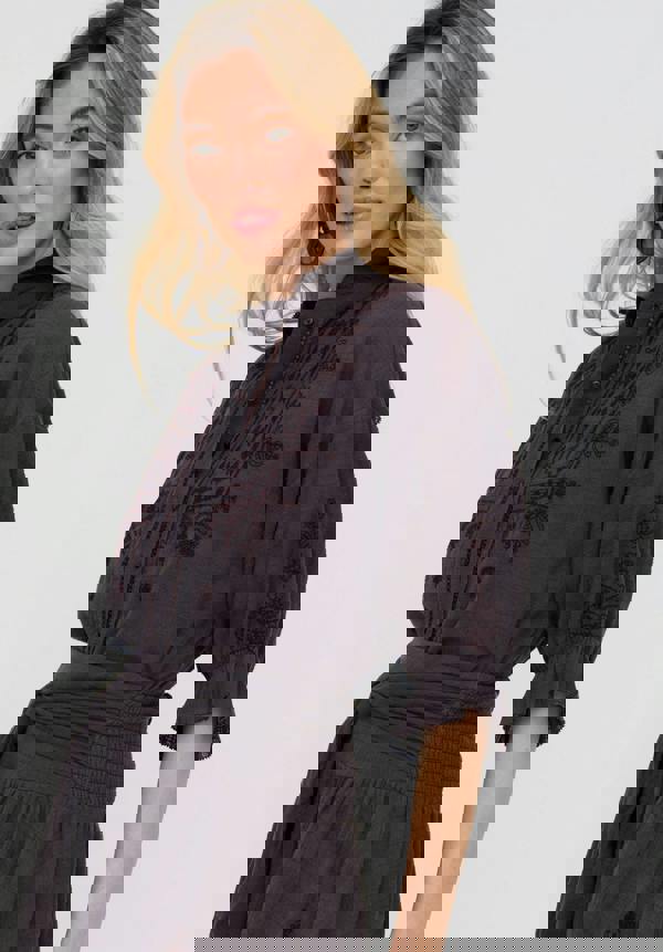 Raffya Julie Ruffle Neck Embroidered Shirt In Dark Grey