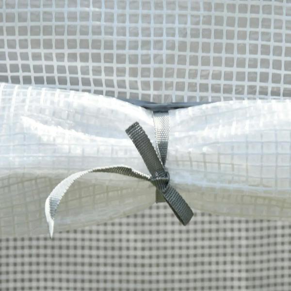 Greenhouse PE cover corner tie strap fastener on mesh frame