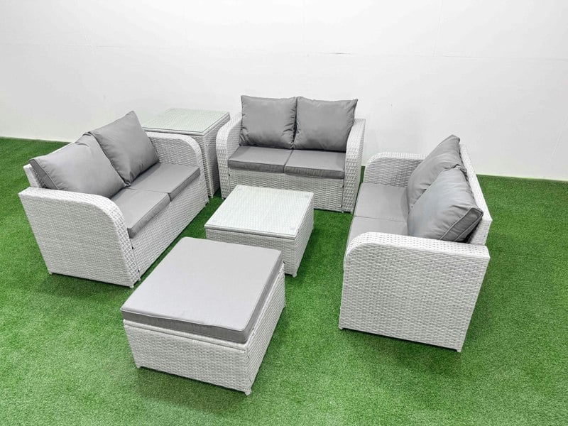 Fimous  7 Seater PE Wicker Rattan Furniture Sofa Sets with Square Coffee Table 2 Seater Love Sofa Big Footstool Side Table Light Grey