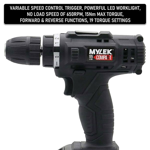 Mylek 18V Cordless Drill Electric Screwdriver Set Lithium Ion Battery Pack 18 Volts Combi Driver With MYLEK 4ORCE 50-Piece Kit