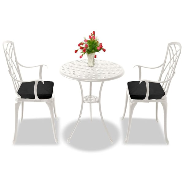 Centurion Supports OSHOWA Luxurious Garden and Patio Table and 2 Large Chairs with Armrests Cast Aluminium Bistro Set - White with Black Cushions
