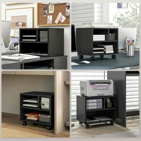 Black printer cabinet with multiple open bays for papers and office supplies on wheels