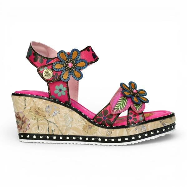 Laura Vita Ballon 08 - Women's Pink Floral Leather Wedge Sandals