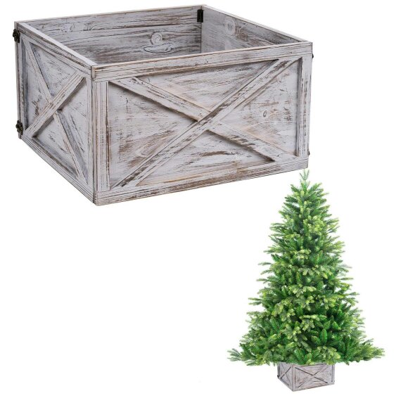 Shatchi 45x43x25cm Foldable Wooden Christmas Tree Collar in Distressed White - White - Artificial Christmas tree