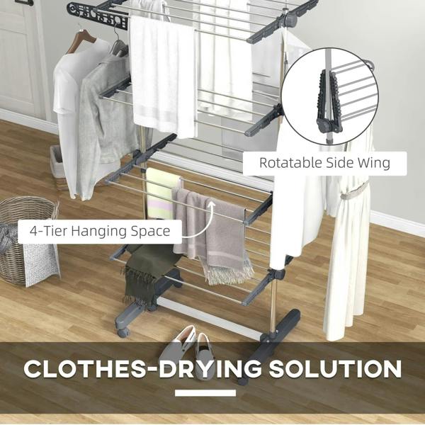Grey four-tier clothes horse with rotatable side wing and hanging space, holding towels