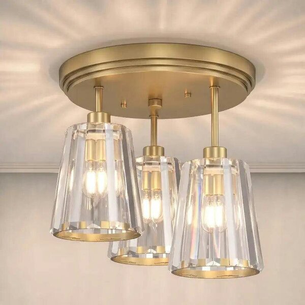 3-Light Crystal Glass Ceiling Light, Triple Head with Dual Mounting, Modern Ceiling Lamp for Living Room, Gold Tone