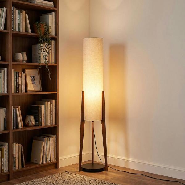 Designer Floor Lamp with Natural Linen Shade and Wooden Tripod Legs Image 6
