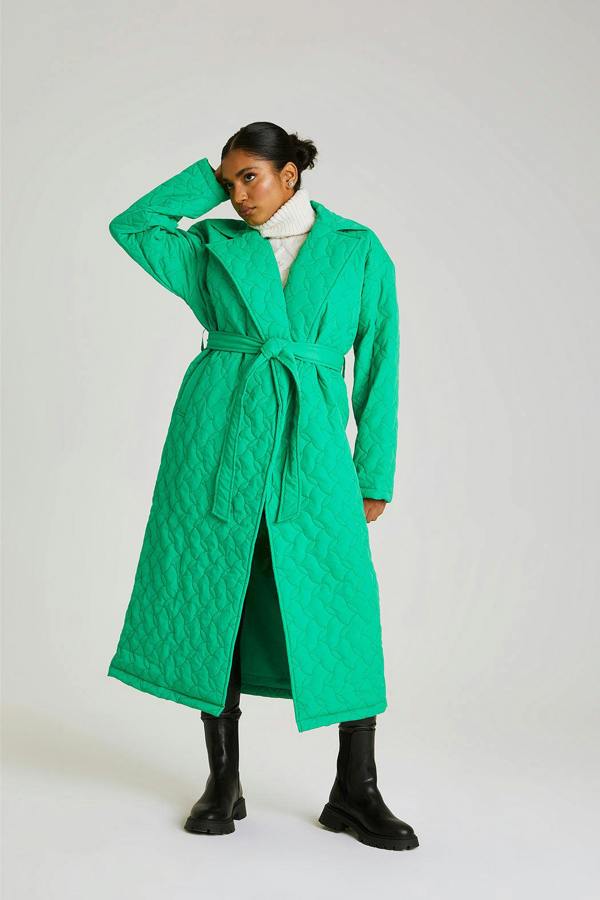 Urban Bliss Green Longline Quilted Belted Coat