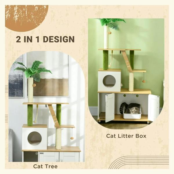 2-in-1 cat tree with cat house and hidden litter box doors, ladder and scratching posts, oak
