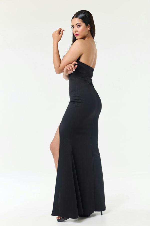 LuvForever Black Bandeau Side Slit Maxi Dress